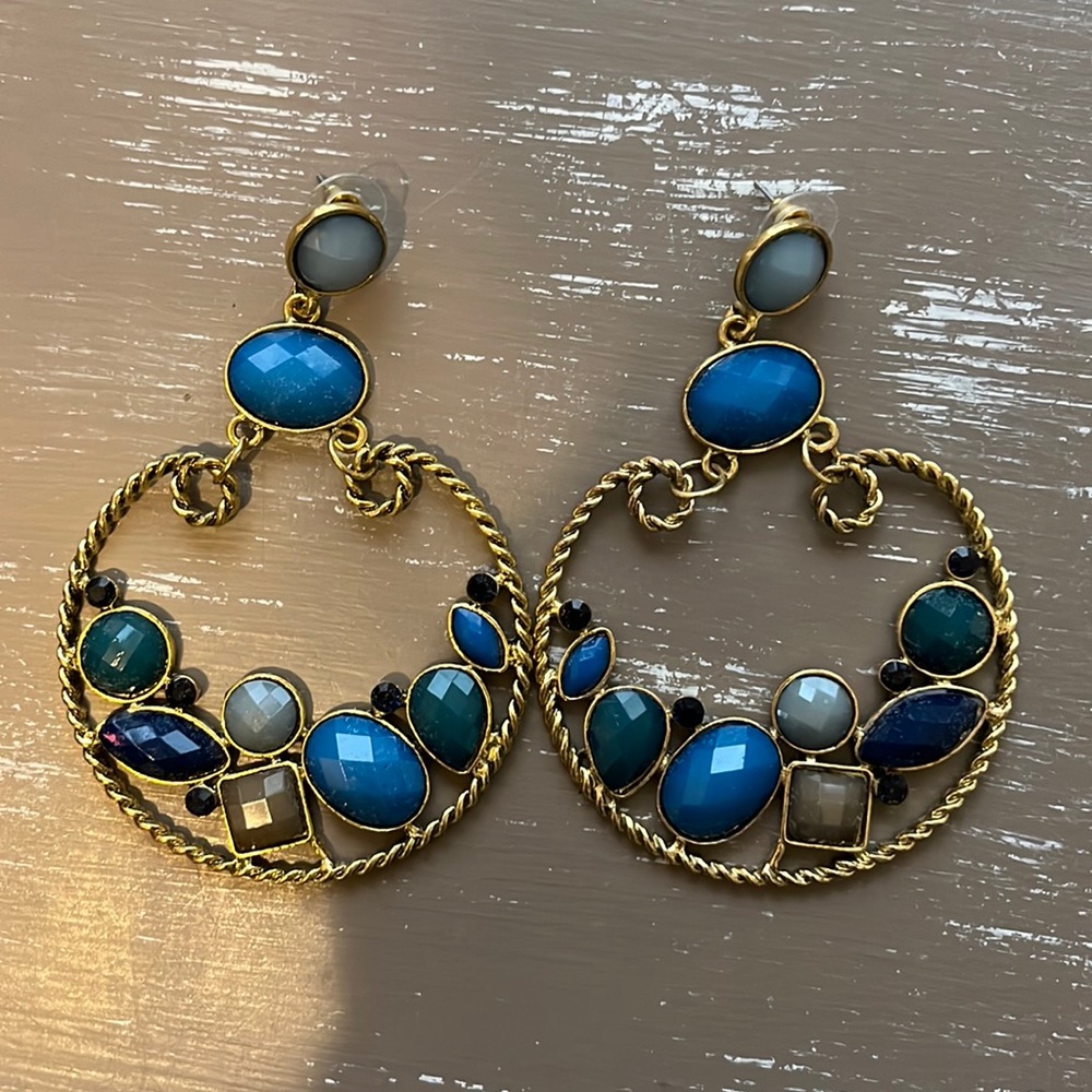 Blue Gold Statement Drop Earrings Large Dangle Geometric Boho Chandelier